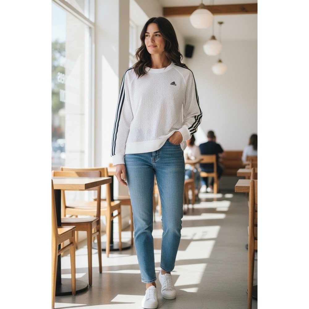 Adidas Womens White Mesh Crew Neck Sweatshirt with 3 Stripe Sleeves Size‎ Medium